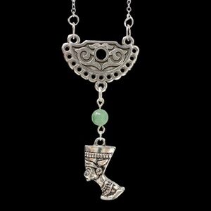 Handcrafted silver plated Queen Nefertiti necklace w/jade